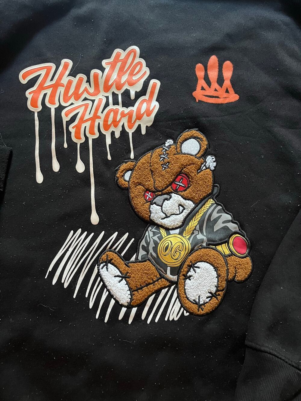 Bleecker & Mercer Hustle Hard Teddy Bear Sweatshirt XL Black Streetwear Graphic